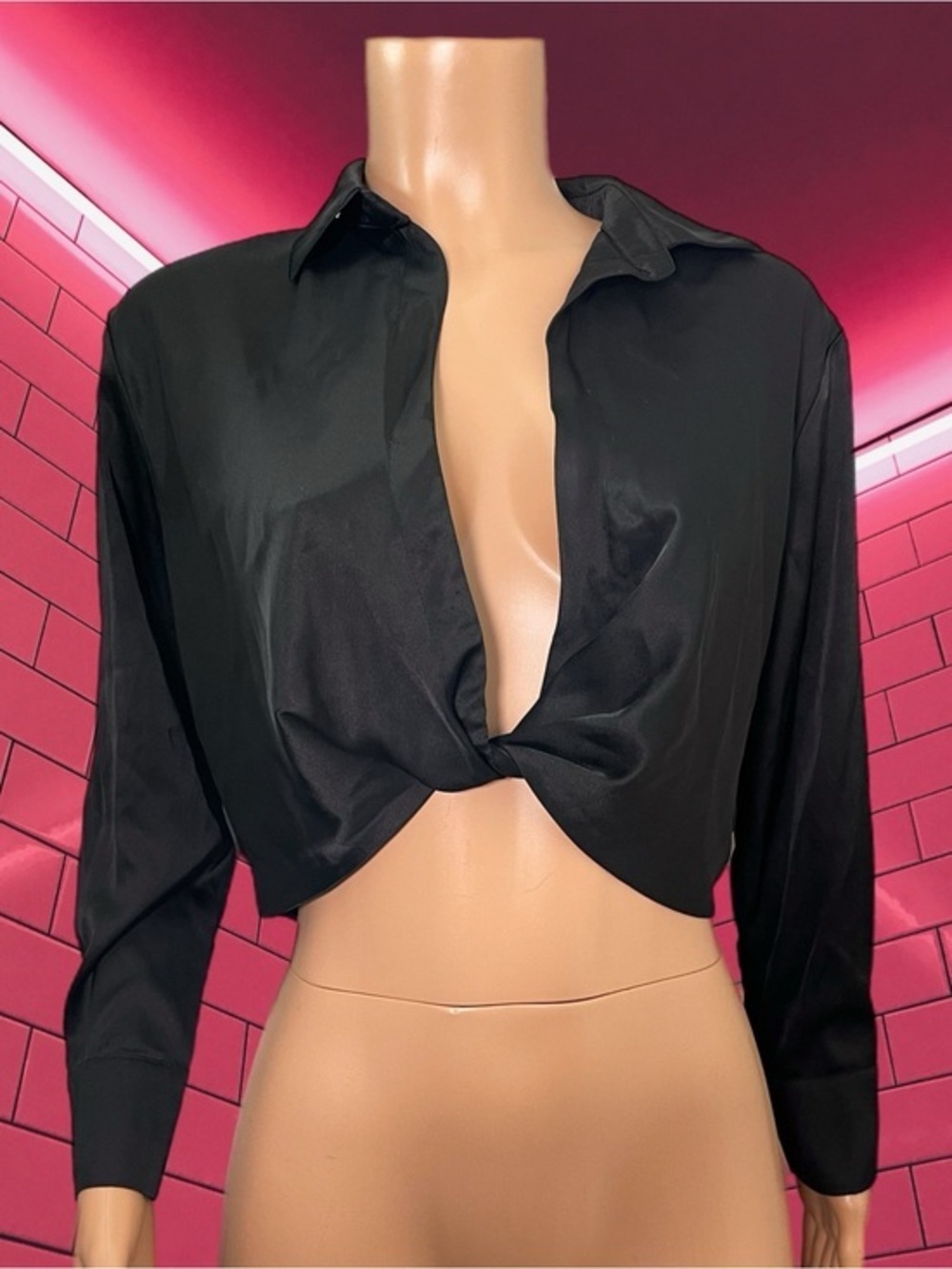 Black Satin Knot Twist Long Sleeve Top